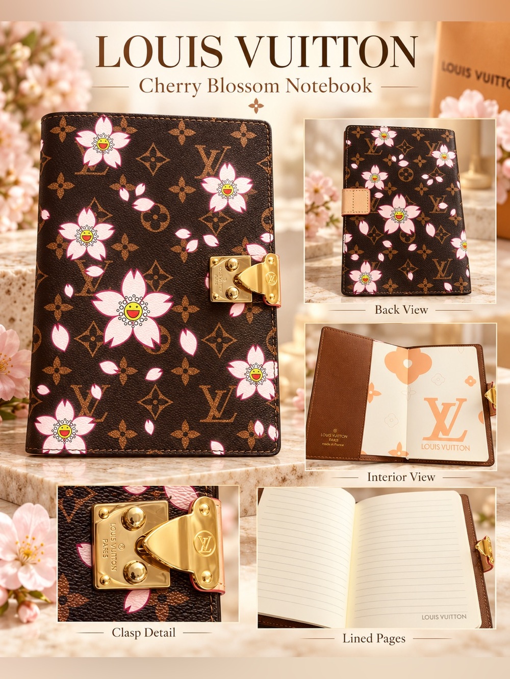 Brown Monogram Sakura Floral Notebook with Pink Accents